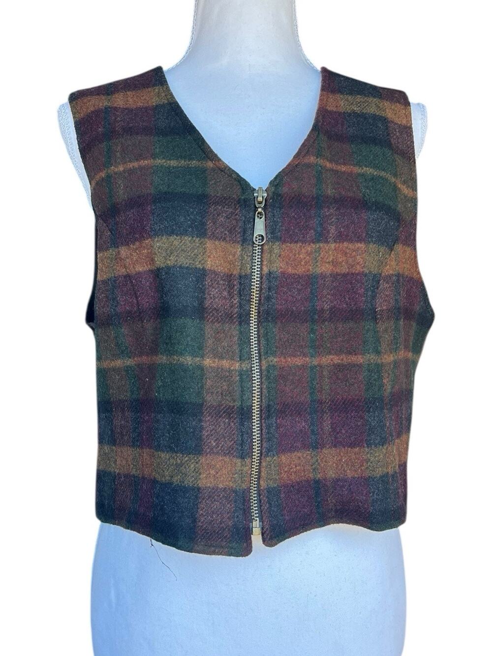 Vintage Harris Wallace Plaid Wool Retro Rustic Vest V Neck Full Zip Size MP